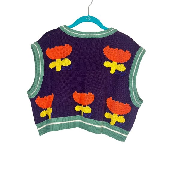 Retro Sweater Vest S Purple Knit Floral Hippie Folk Indie Chic Y2K Colorful 80s - Picture 2 of 9